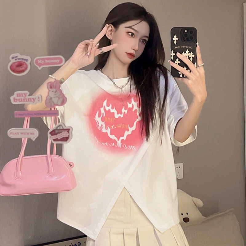 

Y2k, Стильная летняя футболка с коротким рукавом и принтом в виде любовных огней для девочек, милая Женская модная дизайнерская футболка с ко...