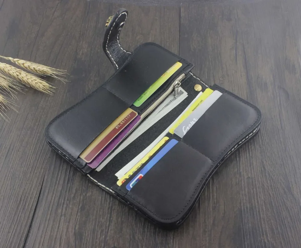 Винтажный Байкерский длинный кожаный кошелек ручной работы с резным кошельком и