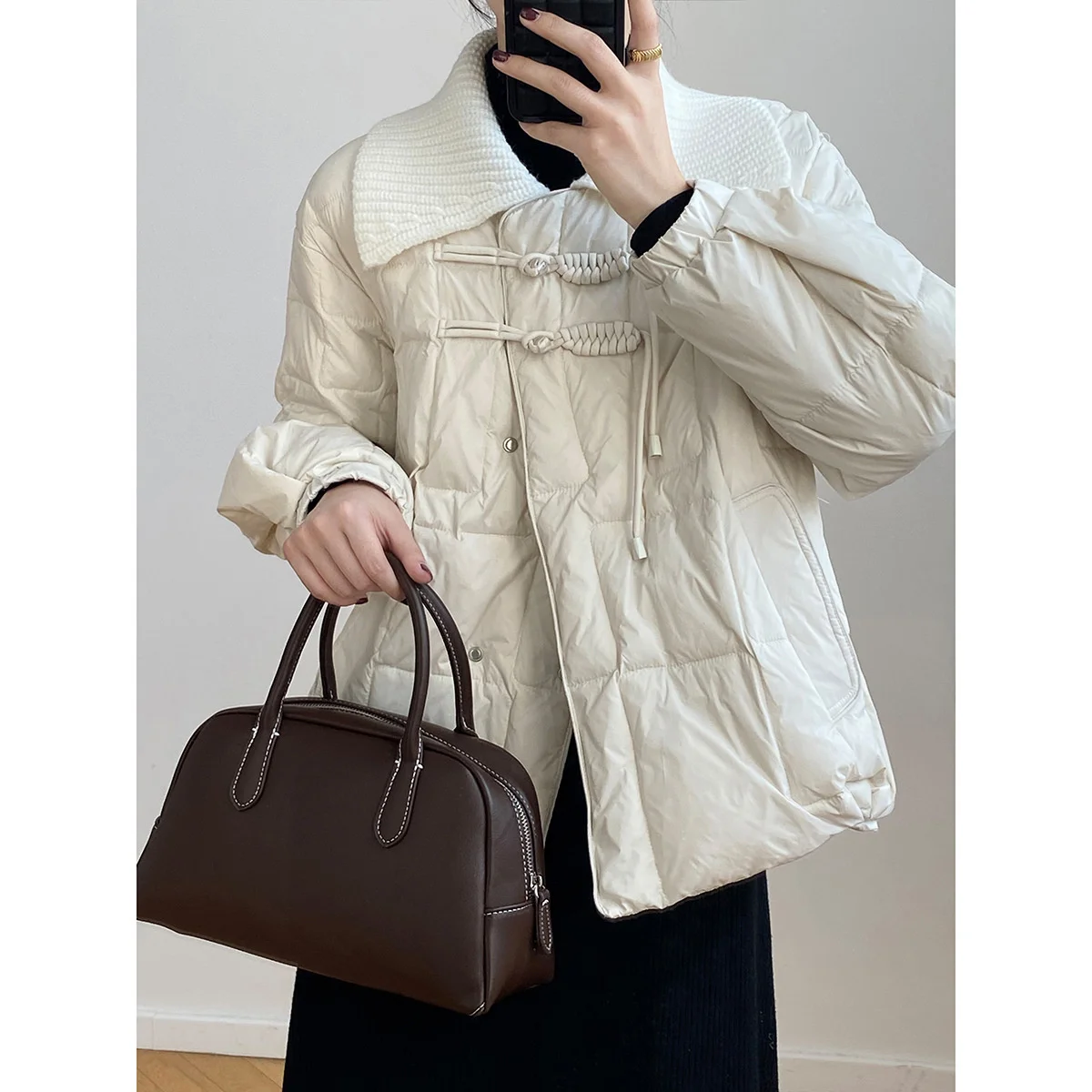 

Женский пуховик с большим вязаным воротником, Корейская свободная теплая куртка на белом утином пуху, зима 2022