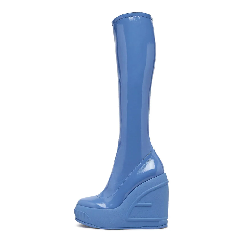 2023 Spring New Slope Heel Thick Bottom Round Toe High Heel Boots Fashion Sexy Cross-border Women's Plus Size Knee-high Boots