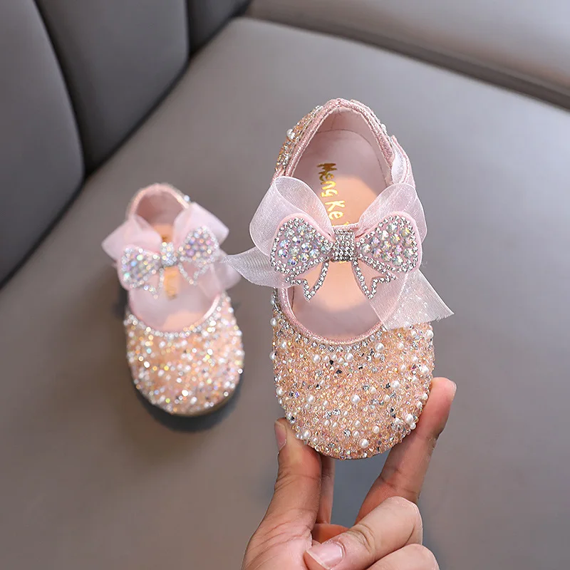 

New Children Sequined Leather Shoes Girls Princess Rhinestone Bowknot Single Shoes 2023 Fashion Toddler Baby Kids Wedding Shoes