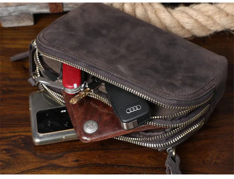 Vintage crazy horse cowhide men's multifunctional chest bag outdoor daily natural genuine leather shoulder messenger bag