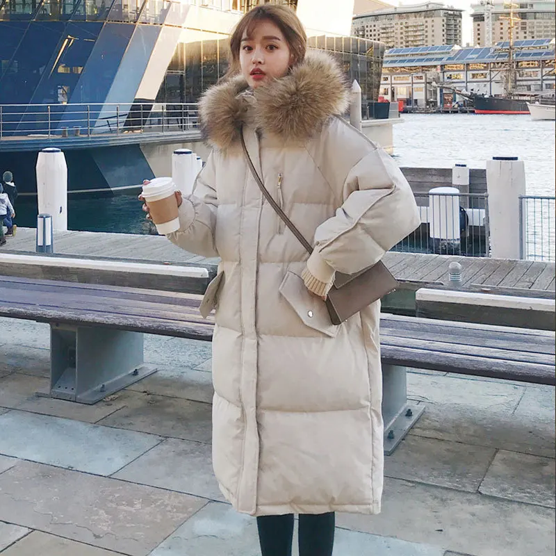 Winter Women's Down Cotton Jacket Long Warm Fur Collar Hooded Cotton Jacket Loose Thickening Windproof Korean Fashion Jacket