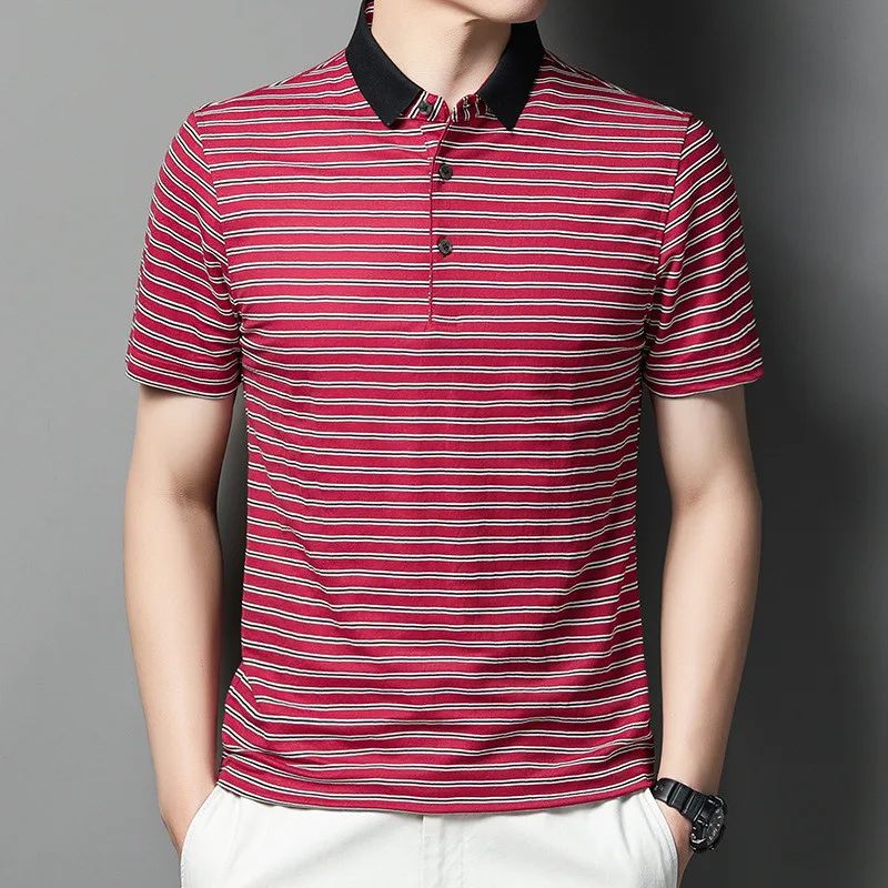 

Рубашка-поло мужская с коротким рукавом, брендовая сорочка в полоску, с отложным воротником, Повседневная модная деловая одежда, на лето