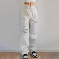 ladies 2022 spice girls fashion ins ripped high waist casual button down white jeans