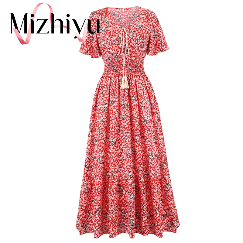 

Mizhiyu Новое весенне-летнее красное платье в горошек с V-образным вырезом женское элегантное шифоновое платье средней длины с рукавами-бабочк...