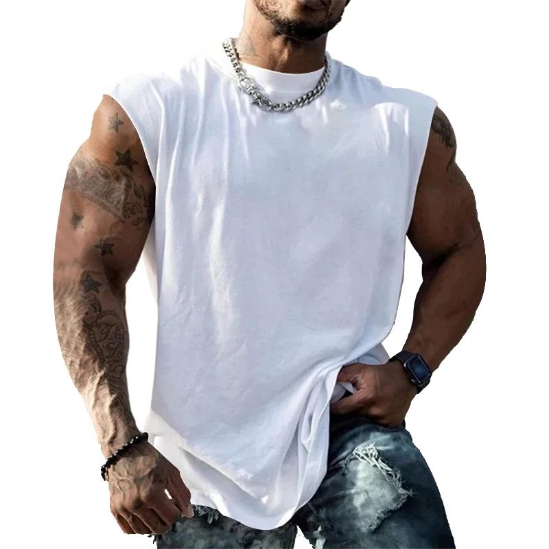 

2023 American Heavy Cotton Sleeveless T-shirt Solid Color Bottoming Shirt Loose Trendy Vest Sports Fitness Vest Male
