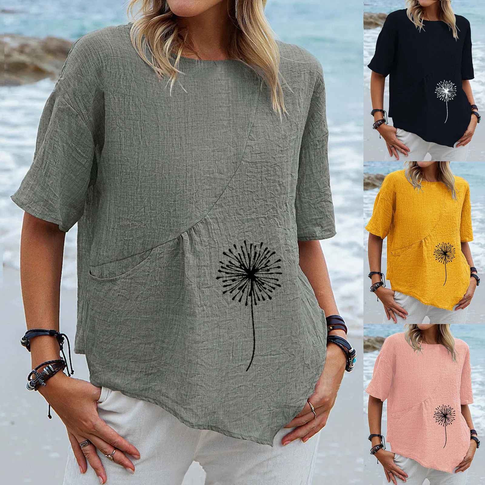 

Женские рубашки с круглым вырезом, хлопковая льняная футболка с коротким рукавом и принтом, летняя Свободная Повседневная Блузка с асиммет...