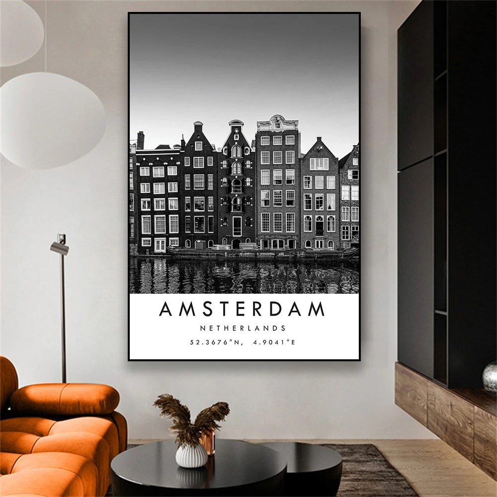 

Постер путешествий Амстердам, Нидерланды, черно-белый Принт, холст, картина, координаты, минималистичный домашний декор, город, принты, картина