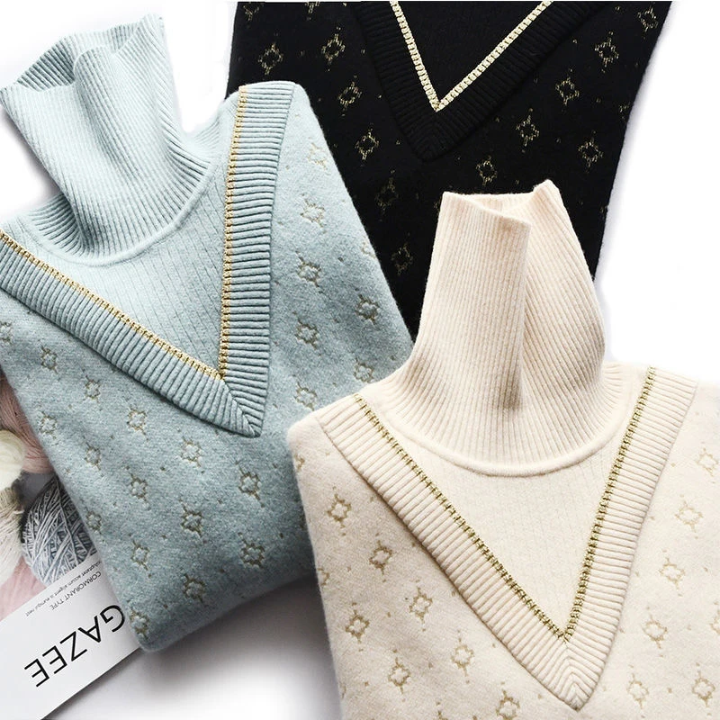

Fake Two Pieces Autumn Winter Basic Turtleneck Knitting Bottoming Shirt Warm Sweaters Women's Pullovers Cheap Tops