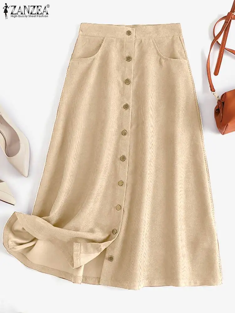 

Женская весенне-осенняя Повседневная Свободная Вельветовая юбка ZANZEA с пуговицами спереди