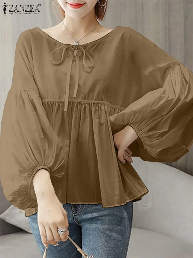 

ZANZEA Spring Solid Color Woman Blouse Bohemian Female Stylish Casual Loose Holiday Tops Puff Sleeve O-Neck Button Lace-Up Shirt