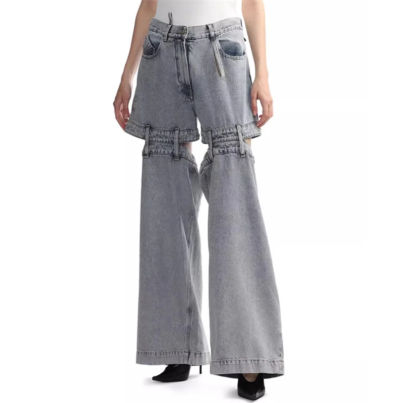 

Женские брюки, Новинка осени 2023, модные женские брюки-карго в Корейском стиле с вырезами, винтажные хлопковые джинсовые брюки с широкими штанинами