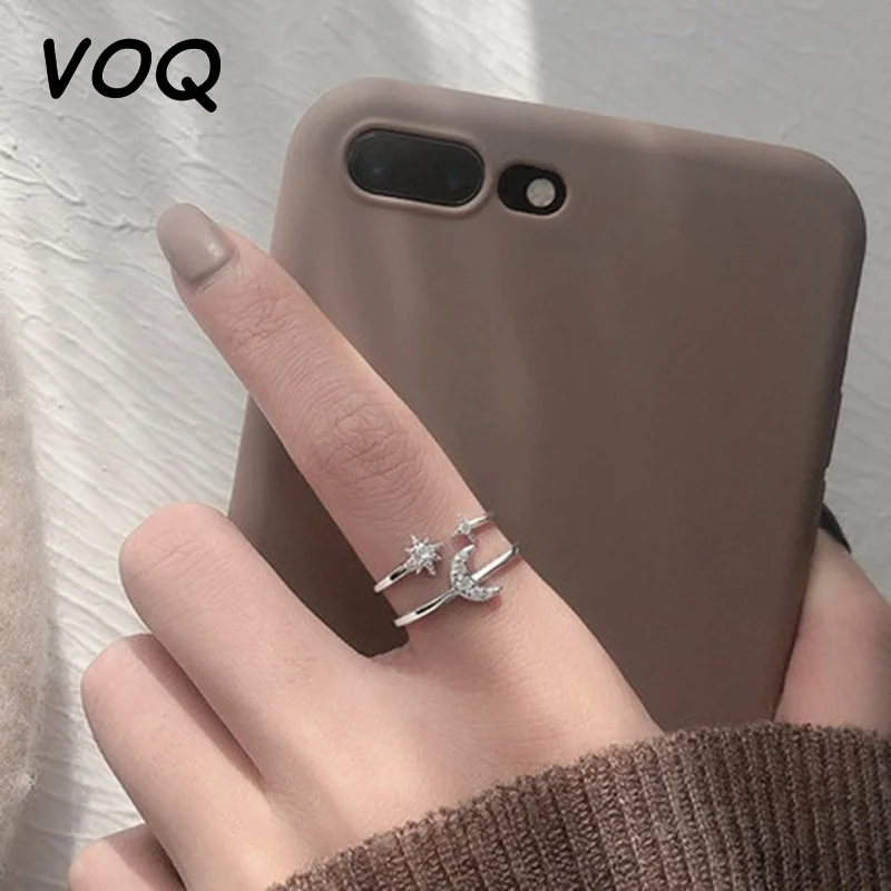 

VOQ Silver Color Sweet Double Layer Star Moon Opening Ring for Women Finger Ring Wedding Jewelry Wholesale
