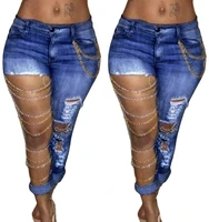 ripped jeans women chain jeans skinny pencil pants woman mid rise skinny jeans denim trousers hip hop shabby pants
