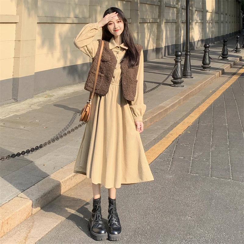 

Long Sleeves Womens Dress Vest Set 2022 Spring Midi Skirt Polo Collar French Hepburn Elegant Style Fashion Female Shirt Dress