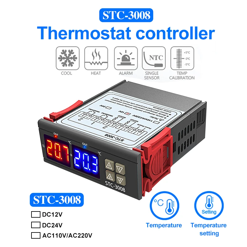 

Цифровой регулятор температуры STC-3008, Терморегулятор с двумя релейными выходами 12 В, 24 В, 220 В, термостат с обогревателем и охладителем