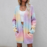 2022 pockets fashion rainbow tie dye mid length coats sweaters cardigan knitted sweater women sweater autumn vintage cardigans