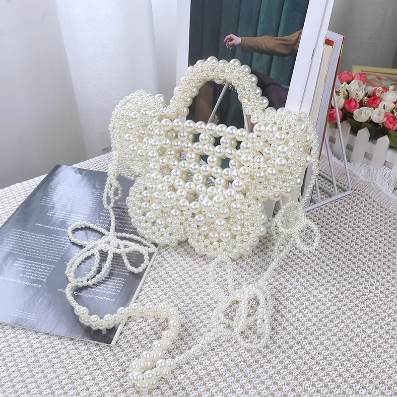 

Handmade Hollowed Out Pearl Bag Retro Woven Flower Shape Women's Crossbody Bag Wedding Party Evening Lipstick Phone Clutches