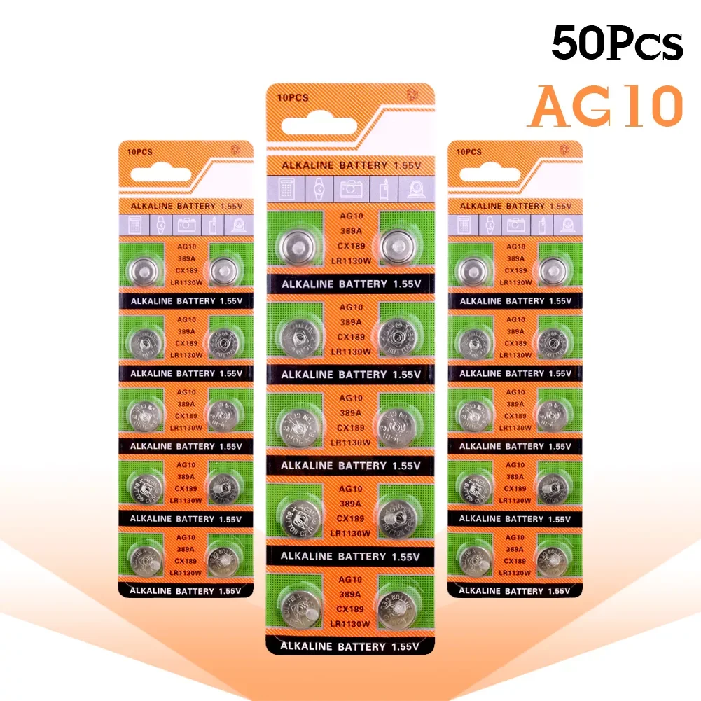 

50 шт., кнопочные батарейки AG10 1,5 в, SR54 389 189 LR1130 SR1130