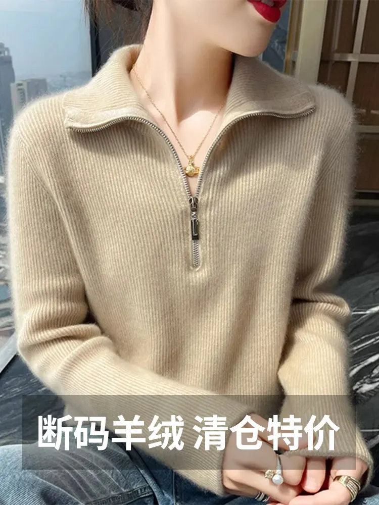 Cashmere Sweater Half Zipper Lapel Fashion Western Sle Plus size Knit sweater Women Autumn and Winter Idle Late Autum...