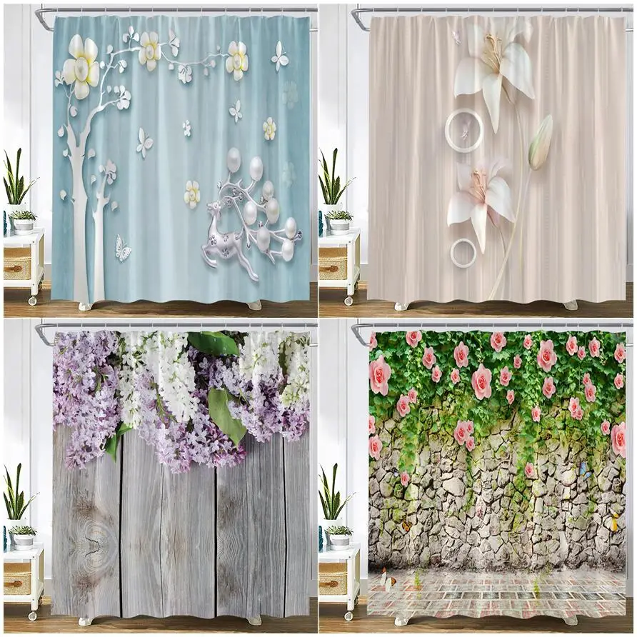 

Занавеска для душа с цветами растений, винтажная деревянная доска для ванной комнаты, декор в виде бабочки, оленя, розовой розы, лаванды