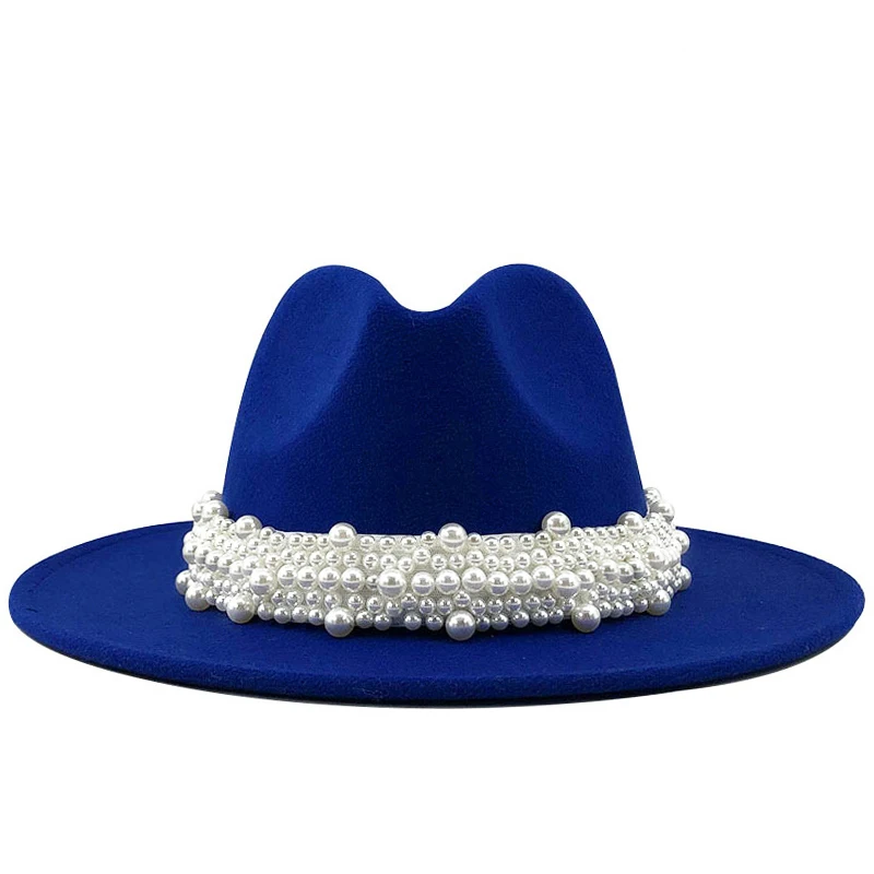 

Trend Unisex Flat Brim Wool Felt Fedoras Hats For Women Classic Leopard Grain With Pearl Chain Feature Fashion Panama Hat Men