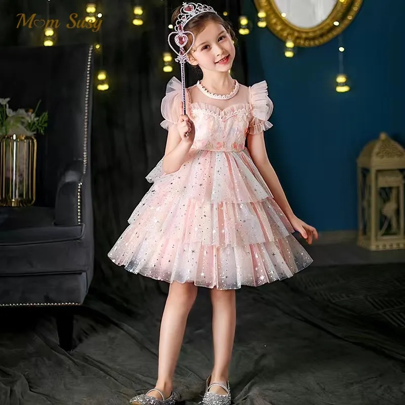 

Baby Girl Princess Tutu Layered Dress Fly Sleeve Child Gauze Tulle Vestido Sparkle Star Print Party Wedding Birthday 1-7Y