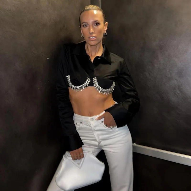 

Укороченные топы Zabrina, куртки, блузка, рубашка, Осенний женский укороченный топ с кисточками и стразами, облегающая короткая верхняя одежда до пупка