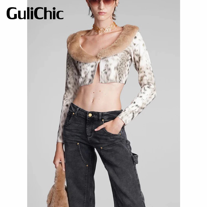 

10.4 GuliChic Women Sexy Leopard Print Long Sleeve Detachable Faux Fur Knitted Slim Short Crop Top Cardigan