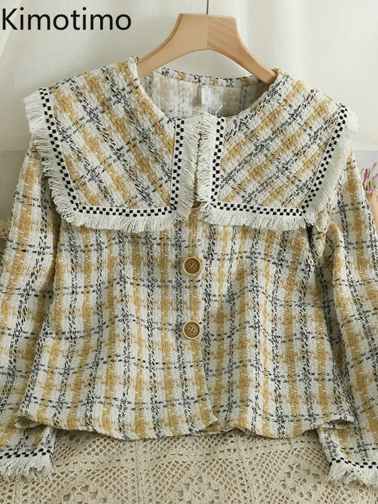 

Женское клетчатое твидовое пальто Kimotimo с бахромой осень 2022 облегающие короткие куртки с отворотом и длинным рукавом корейские шикарные Рет...