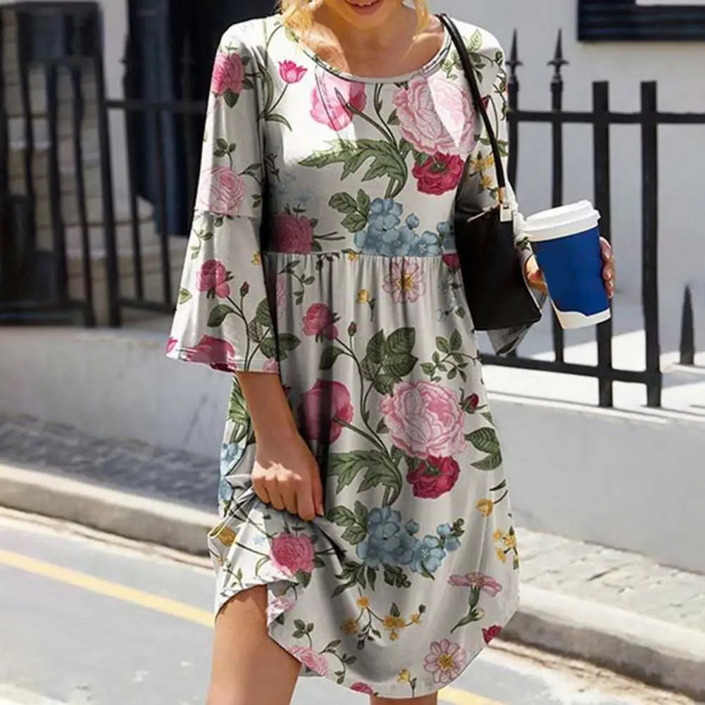 

O-Neck 3/4 Flare Sleeve Waist Tight Loose Hem Autumn Dress Autumn Flower Print A-Line Mini Dress For Women 2022 Female Clothing