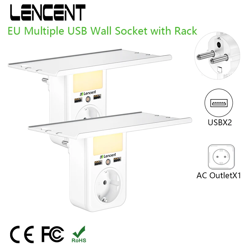 

LENCENT1PC Multiple USB Wall Socket with Rack 1 AC Outlets 2USB Ports Charger Adapter with Adjustable Nigh Light for Home/Office