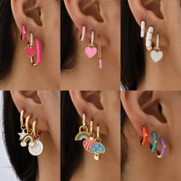 boho multicolor round piercing huggie earrings set for women girls cute heart star smiley pendant hoop earring jewelry