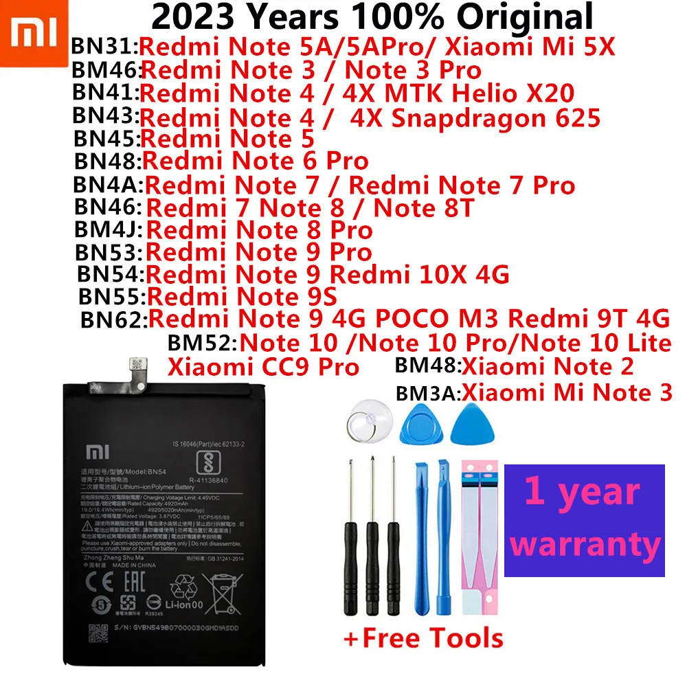 100% Оригинальный аккумулятор Xiaomi Redmi Hongmi MI Note 2 3 4 4X 5A 5X 6 7 8 8T 9 9S 9T 10 10X 4G CCP Pro Lite