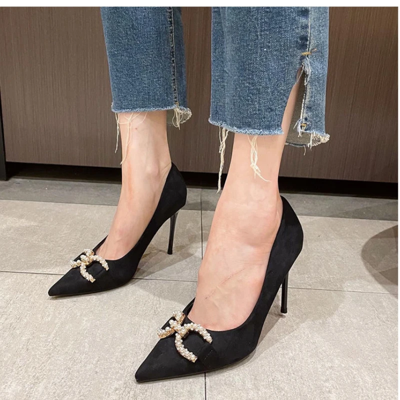 

High Heel Shoes for Women 2023 Spring New Pearl Beading Pointed Toe Thin Heels Women Shoes Sexy Dress Wedding Pumps Heeled Shoes