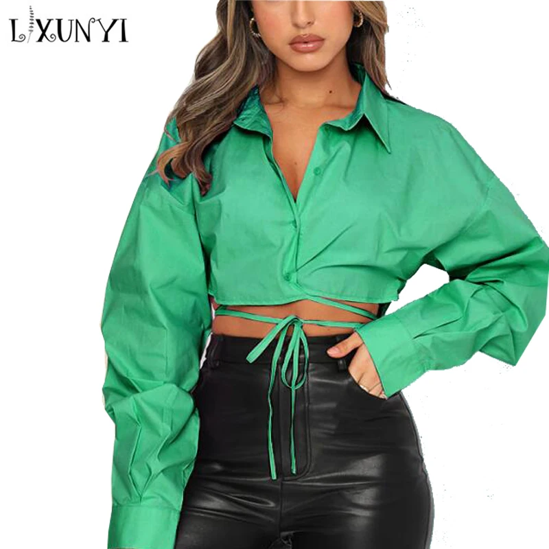 

LXUNYI Blouse Women Bandage Long Sleeve Short Loose Shirt Button up Turn-down Collar Solid Fashion Woman Shirts