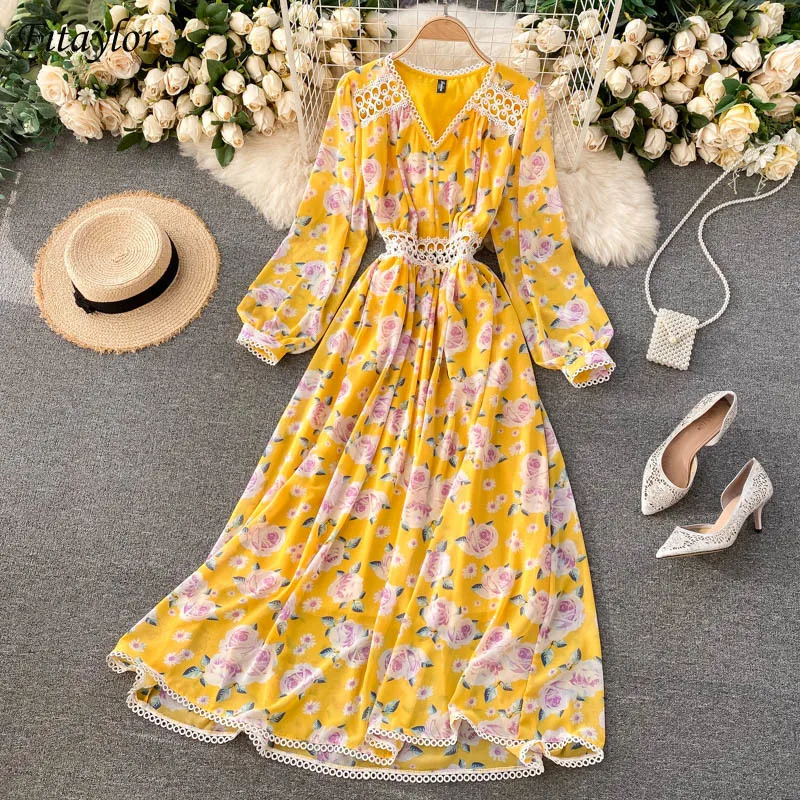 

Fitaylor Summer New Arrival Women Vintage Floral V-neck A-line Slim Long Dress Female Printing Hollow Out Vacation Maxi Dress