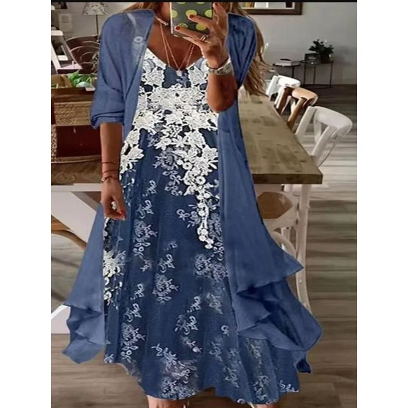 

Elegant Dress Floral Print 2 Piece Sets Office Lady O-Neck Sleeveless Summer Dress + Women Mesh Transparent Coat Dress Robe