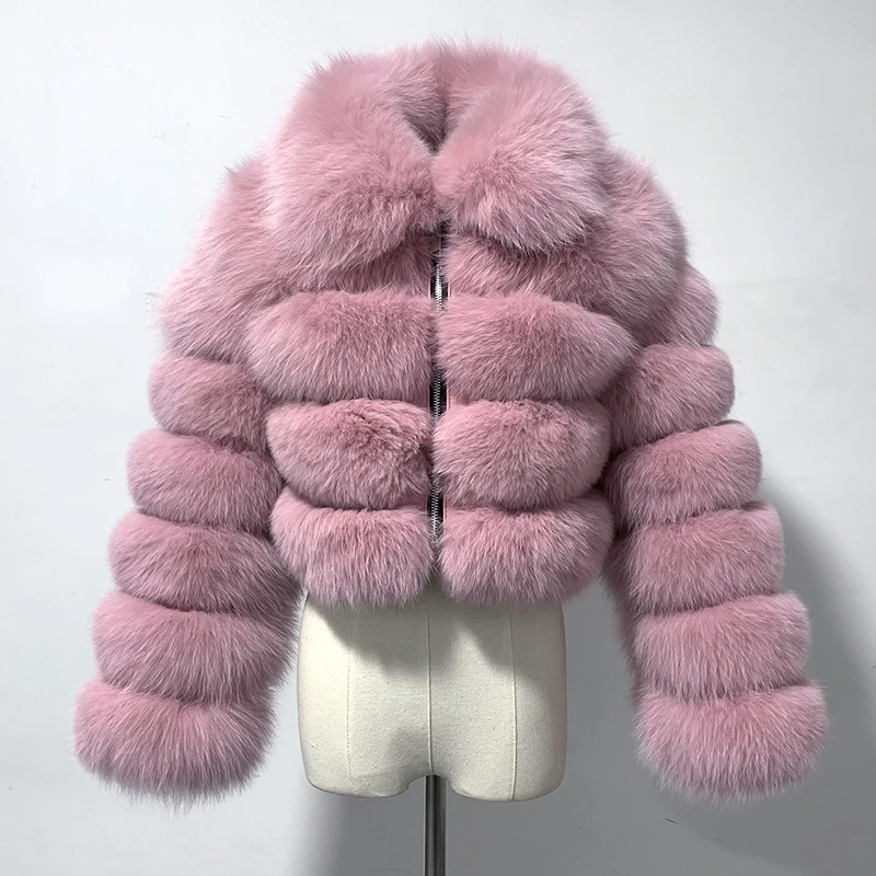 Winter Woman Short Style Slim Fit Zipper Real Fox Fur Bomber Jacket  Fashion Solid Warm Thick Outwear Ladies Temperament Elegant