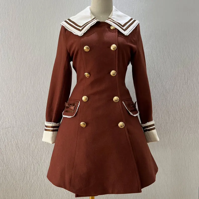 

Женское пальто с матросским воротником, двубортное шерстяное зимнее пальто в стиле "Лолита" от «клубника ведьмы»