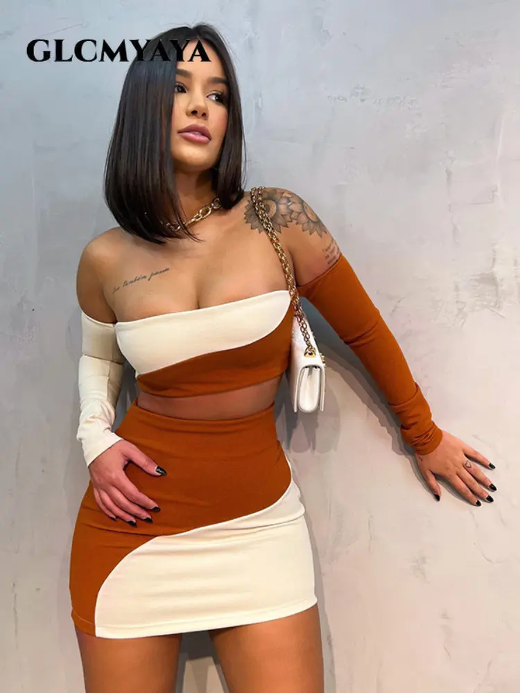 

GLCMYAYA Fashion Women Patchwork Midi Mini Skirt and Off Shoulder Slash Neck Crop Top 2023 Spring Ins Two 2 Piece Set Outfits