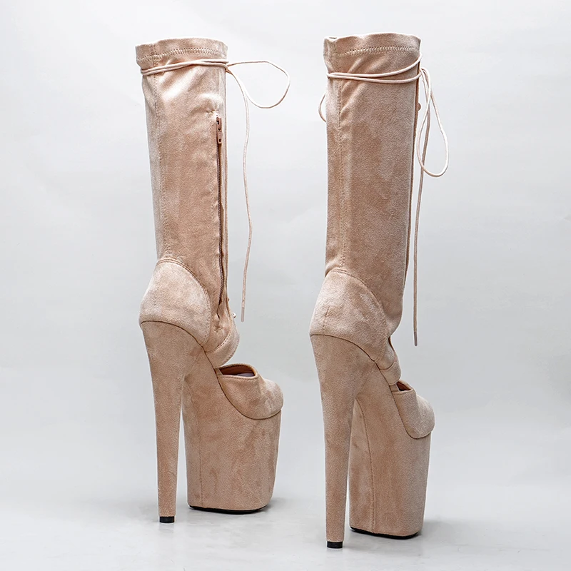 Leecabe Beige Suede 20CM/8inches Pole dancing High Heel platform Boots closed toe Pole Dance boots