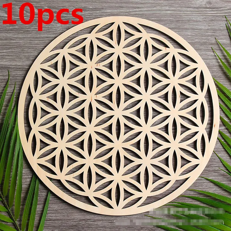 

10pcs/lot Flower of Life Natural Symbol Wood Round Edge Circles Carved Coaster For Stone Crystal Set DIY Decor Mats Pads