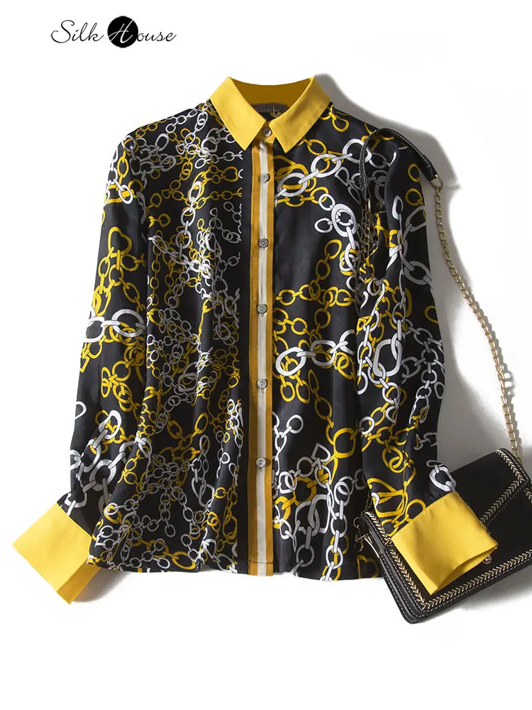 

2023 Women's Fashion Spring New Silk Silk Silk Chain Print Polo Long Sleeve Women's Printed Shirt