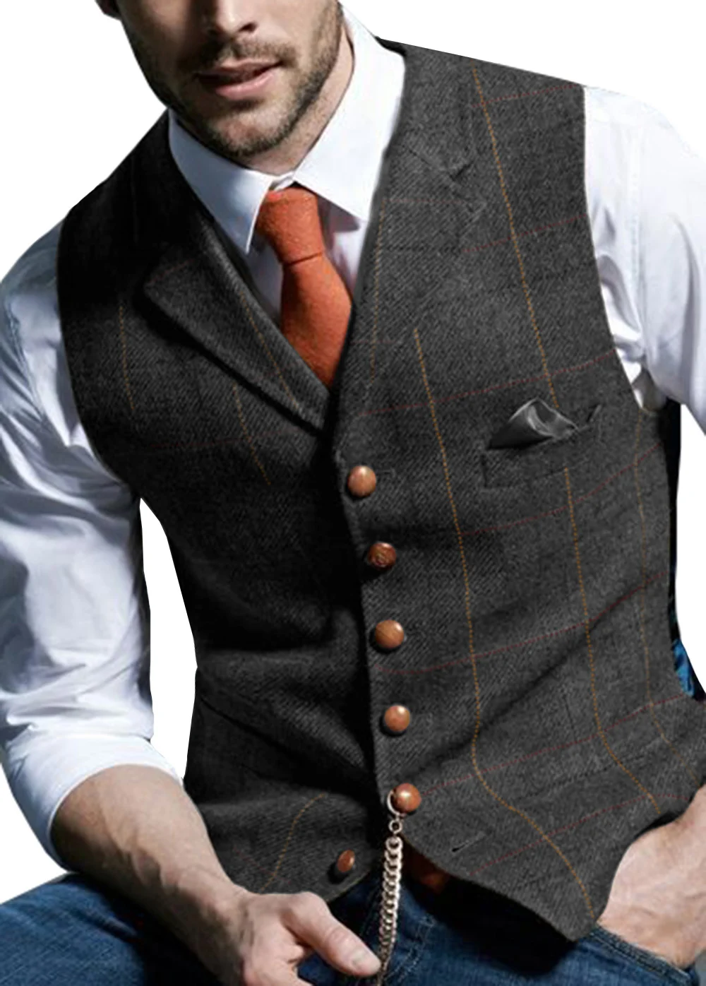 Men's Vests Tweed Suit Business Clothing for Men Striped Waistcoat  Punk Vest Groomman Wedding Brwon Black Grey Jacket