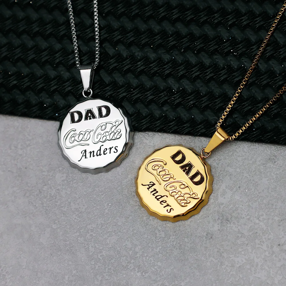

Father's Day Gift Personalized Bottle Cap Necklace Engraved Stainless Steel Men's Clavicle Chain Custom Text Pendant