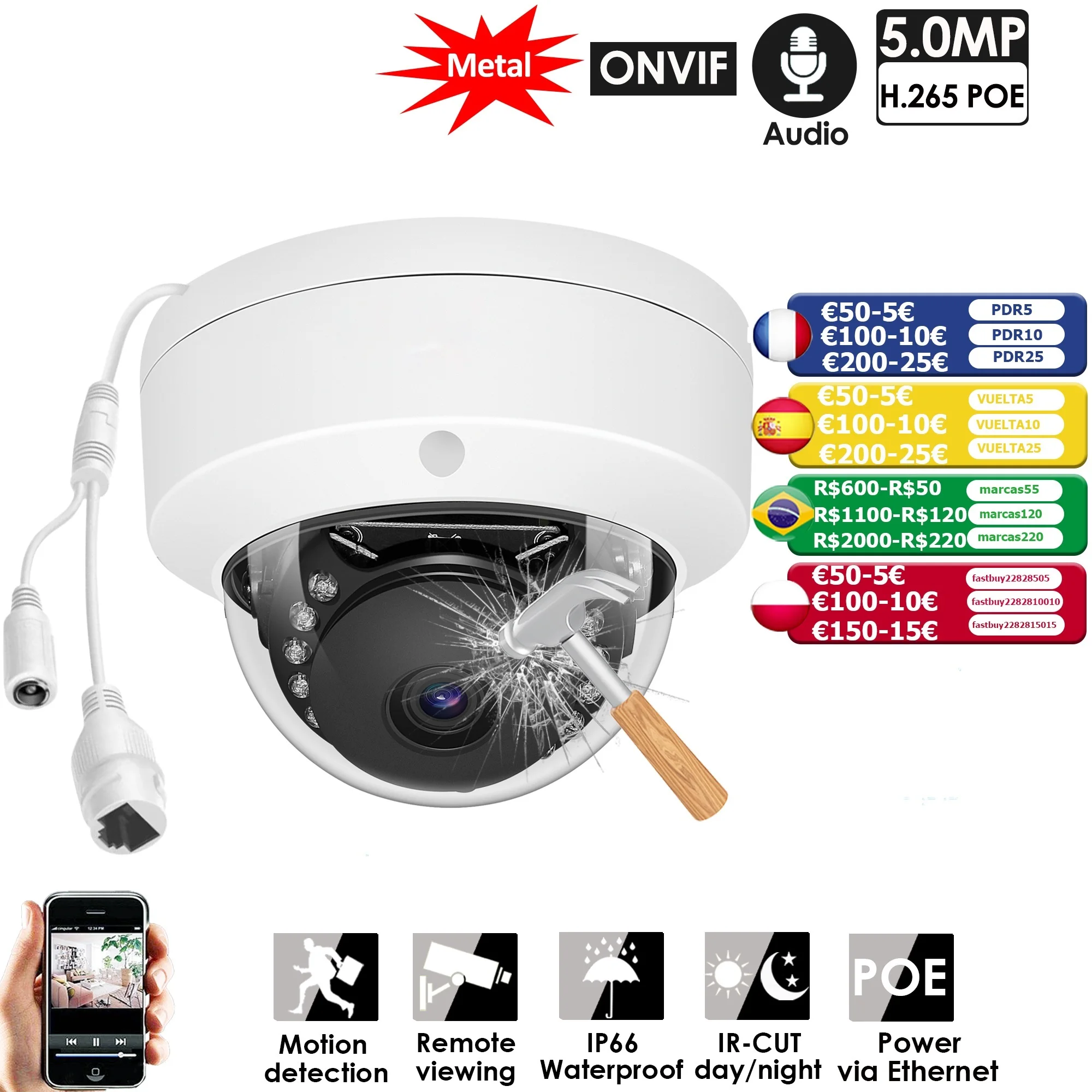 

Металлическая купольная IP-камера H265 + 5 Мп с поддержкой POE, ONVIF, Аудиозапись, камера видеонаблюдения 3 Мп, антивандальная IP66, наружная Домашняя ...