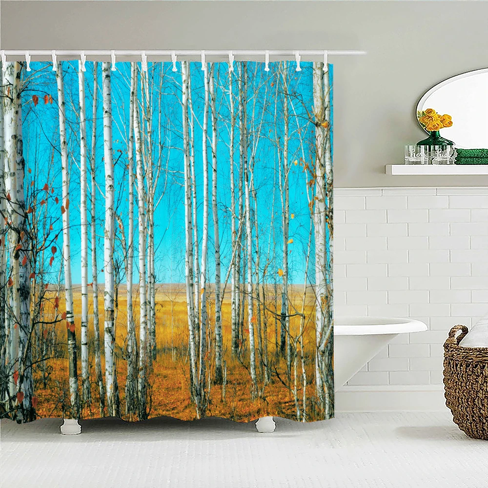 

Birch Forest Trees Shower Curtain Natural Landscape Printed Fabric Waterproof Polyester Bath Curtains Bathroom Decor with Hooks