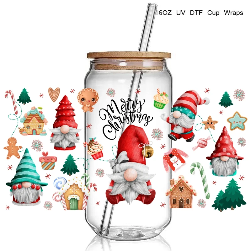 

30+New Best Seller Cute Christmas Design 3D UV DTF Cup Wrap Transfers Stickers Waterproof 16oz Glass Christmas UV DTF Wrap